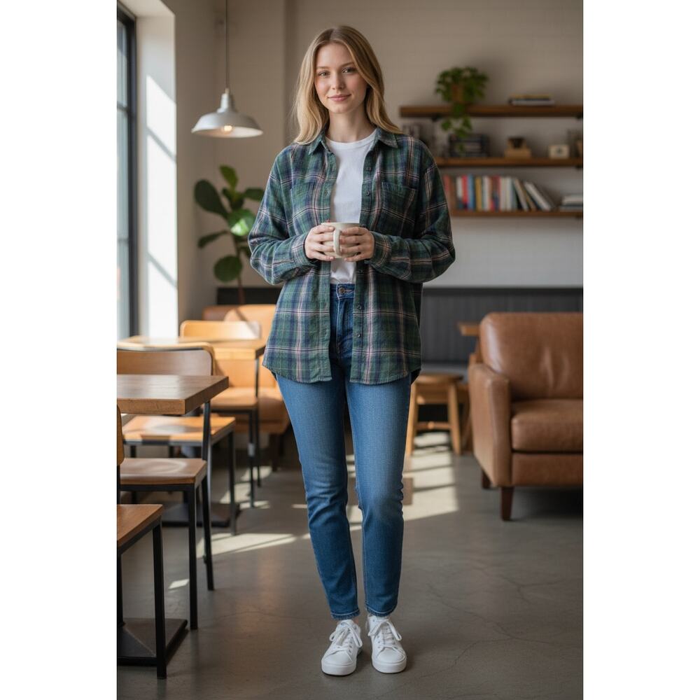 2/$30 LL BEAN Shirt Size XL 100% Cotton Plaid Flannel Blue Green Long Sleeve